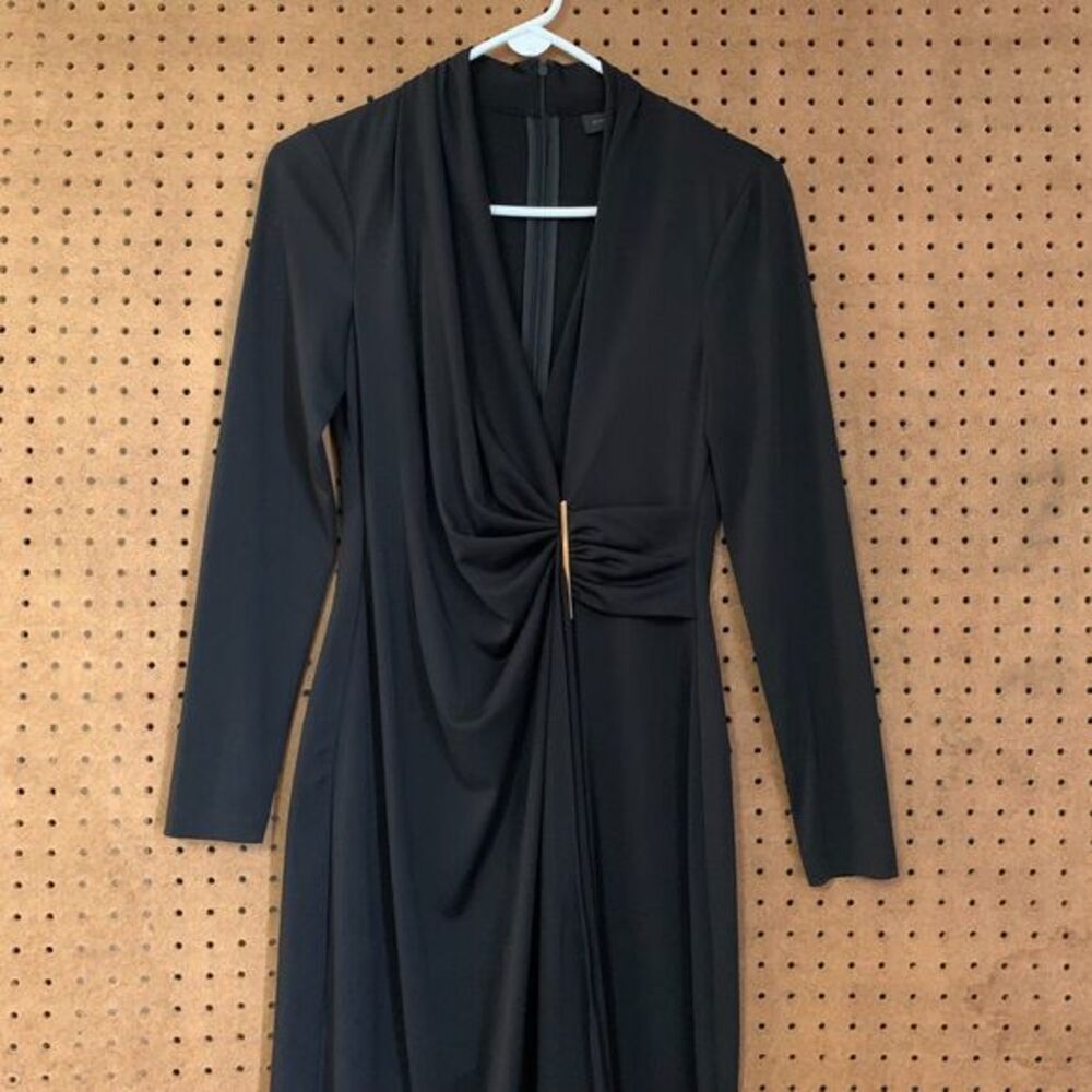 Donna Karen New York Faux Wrap Dress Long Sleeve Black Cinch Classic Deep V Sz 4